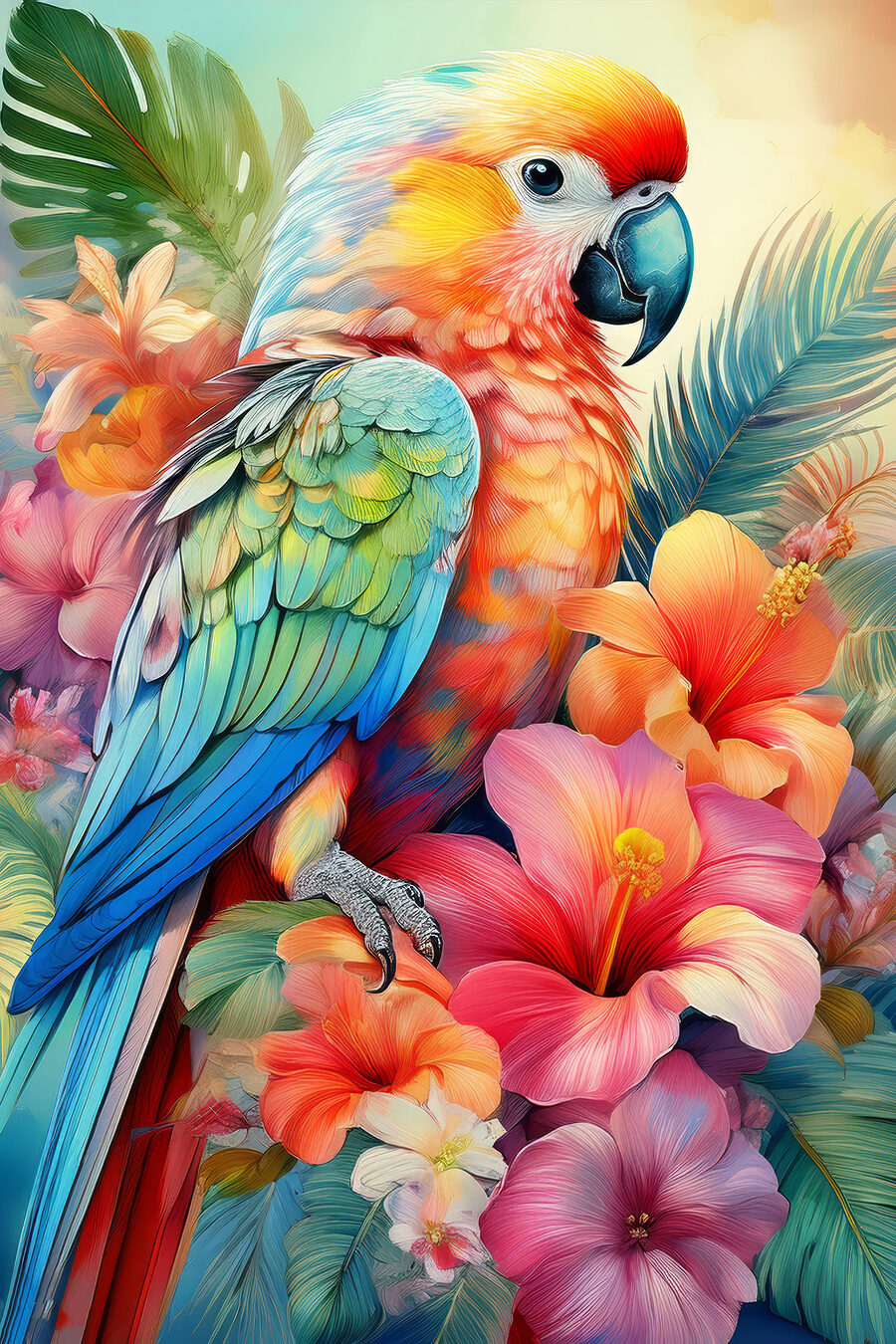 Papagal printre flori tropicale — design complet