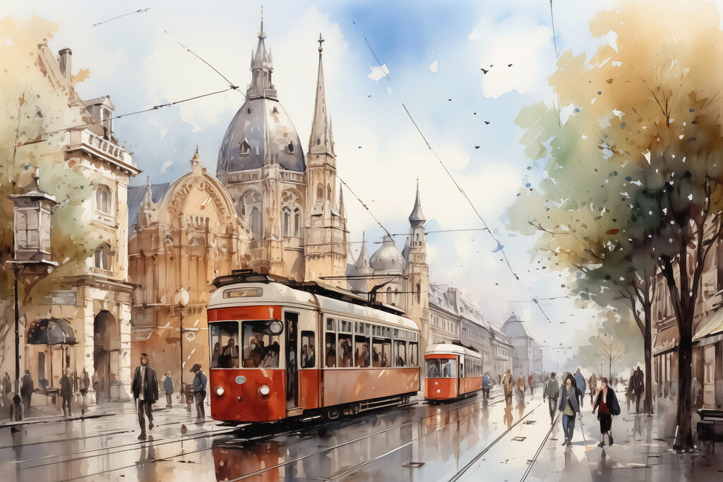 Tramvaie roșii sub ploaie — design complet