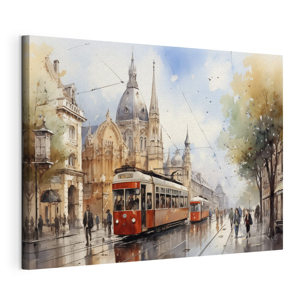 Tramvaie roșii sub ploaie — vizualizare produs