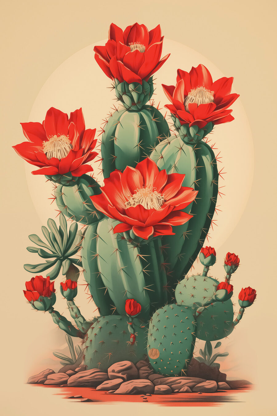 Cactuși cu flori roșii — design complet