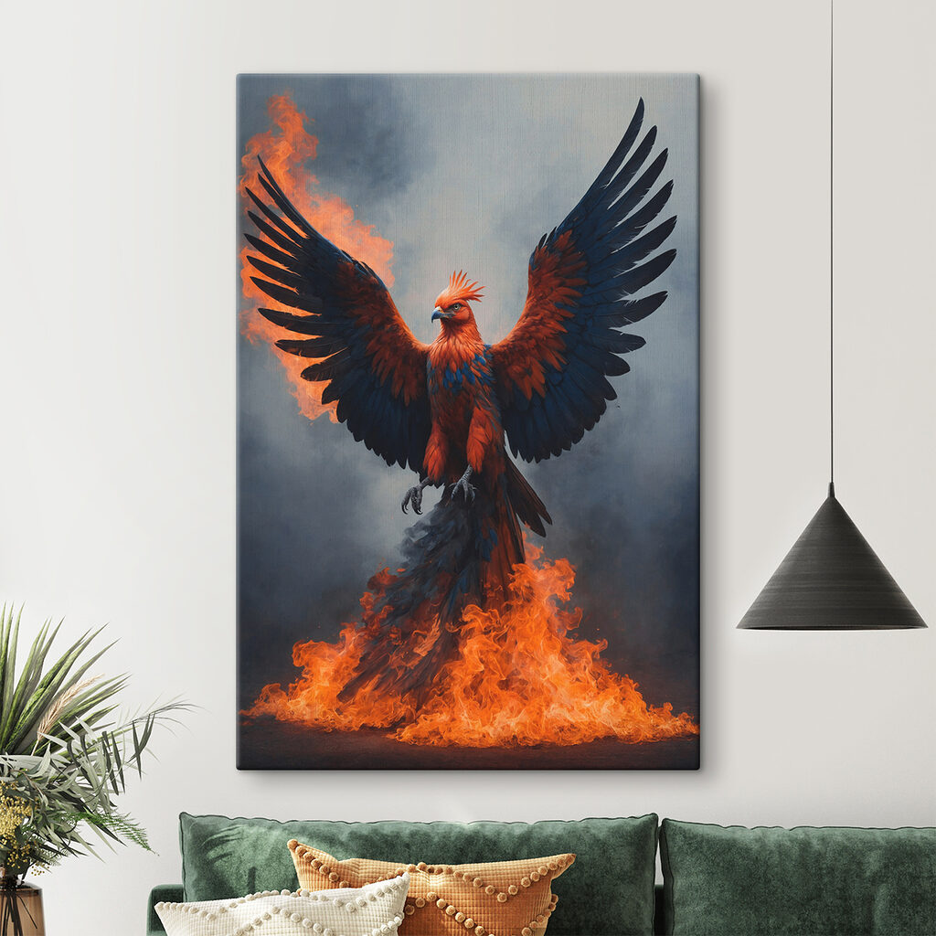 Fenix deasupra flăcărilor într-un interior