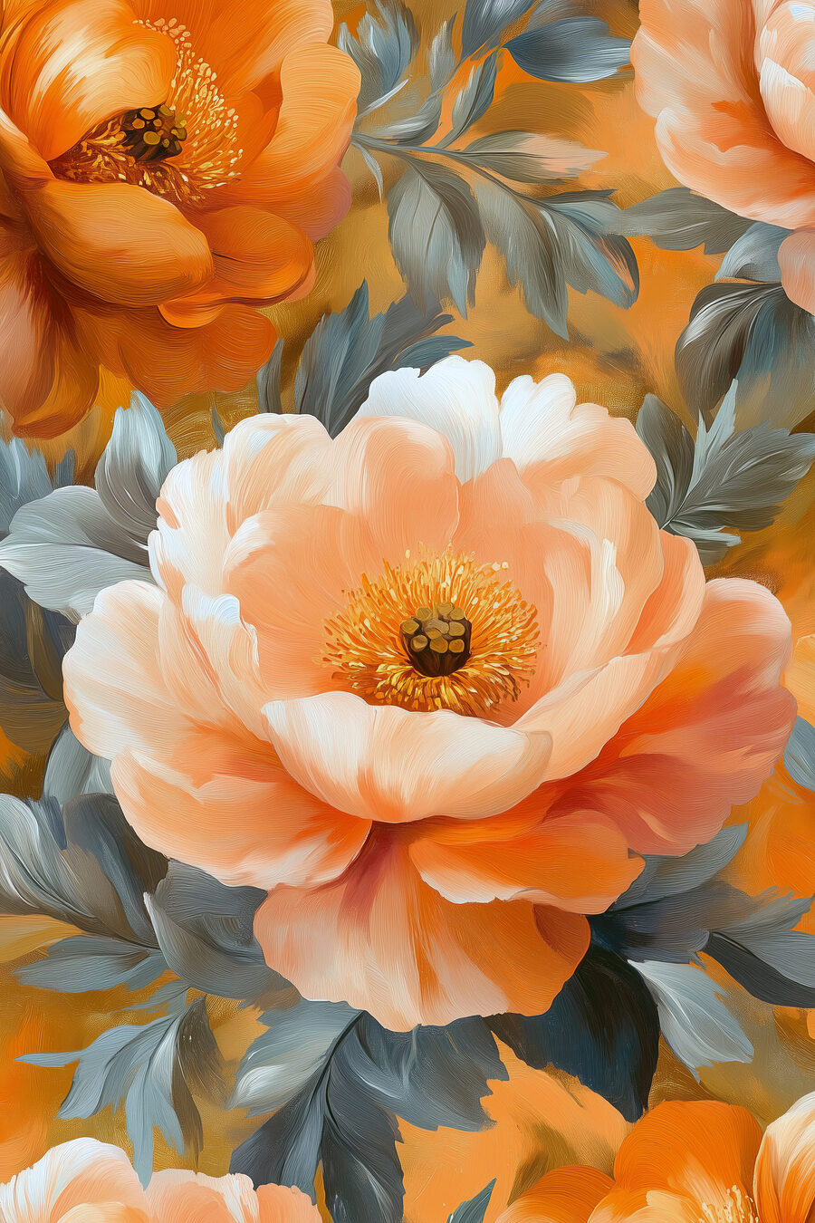 Floare piersică printre frunze — design complet