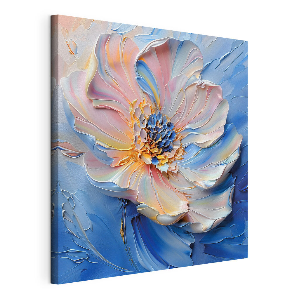 Floare pastel pe albastru, tablou pe pânză întinsă, cu margine continuă