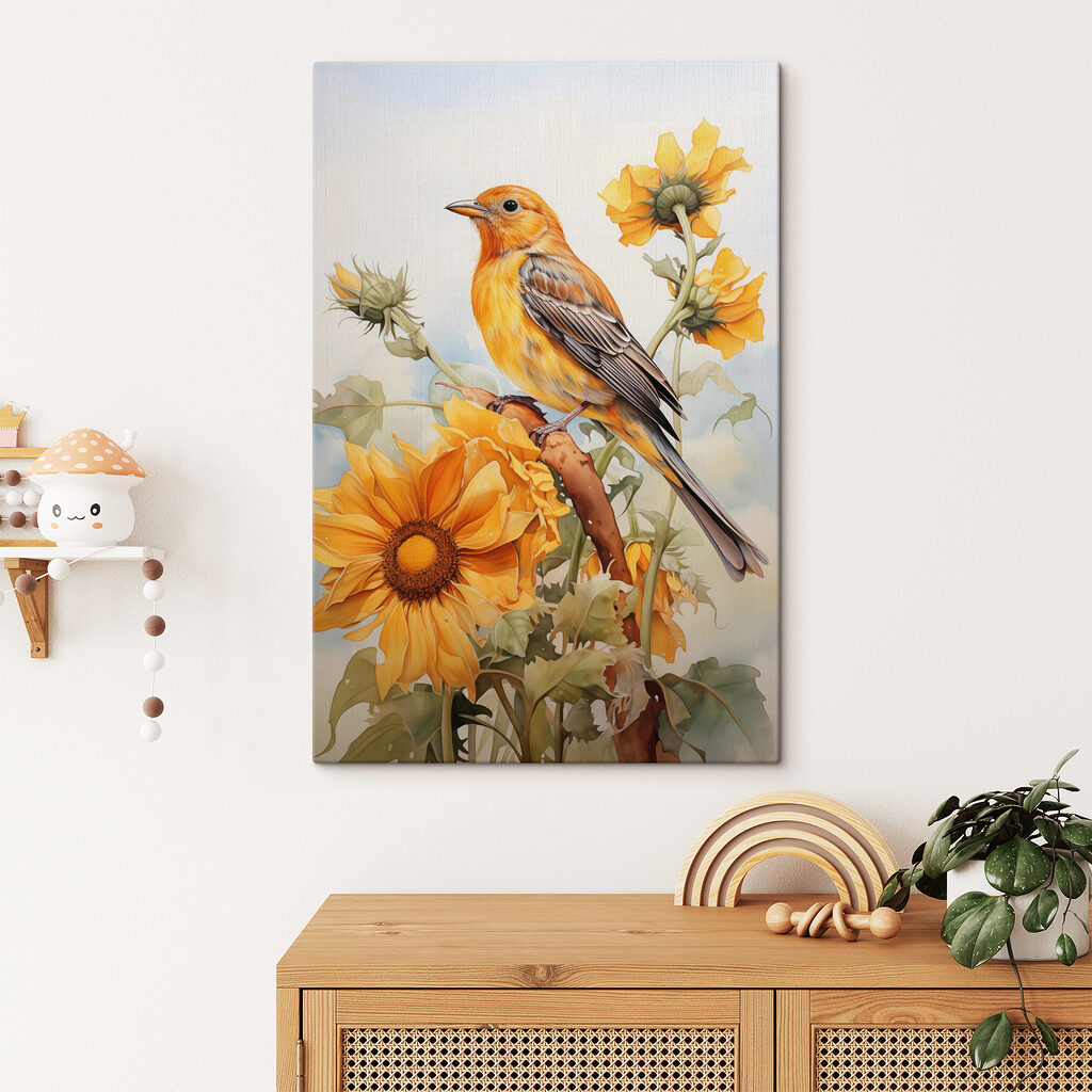 Pasăre printre flori galbene într-un interior