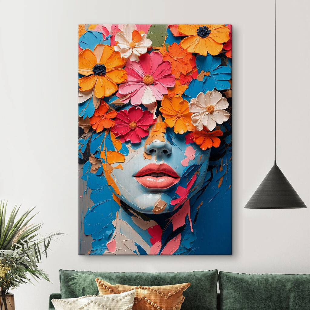 Coroană florală, buze roșii într-un interior