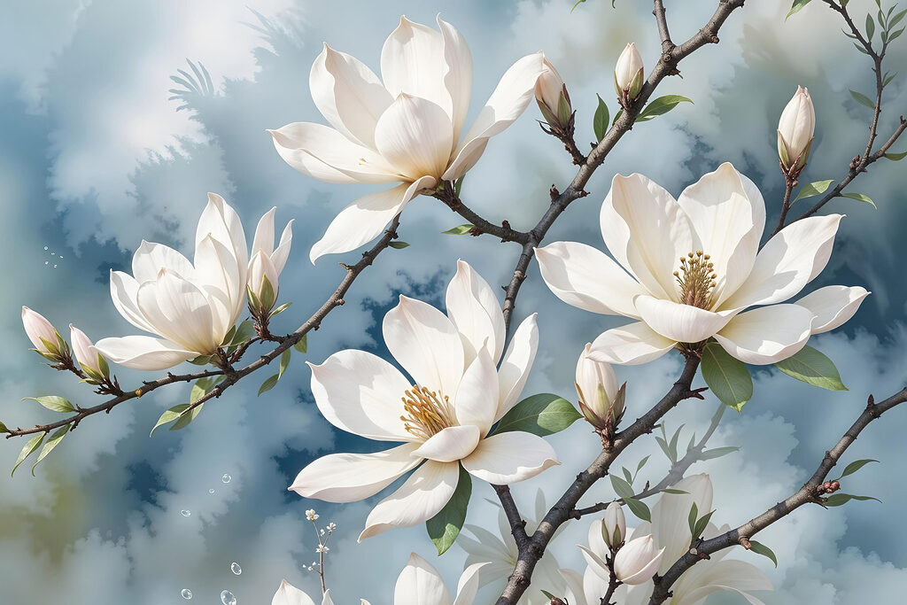 Magnolie albă, petale deschise — design complet