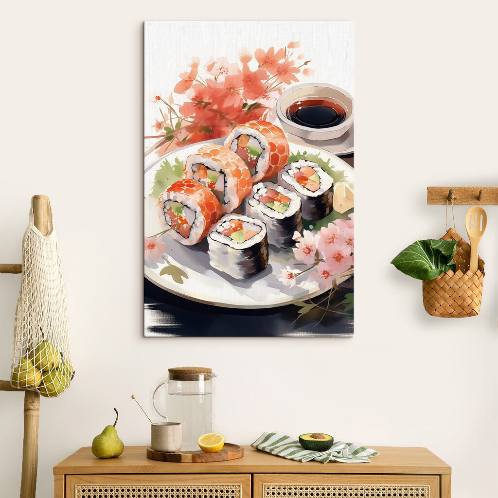 Sushi și flori roz într-un interior