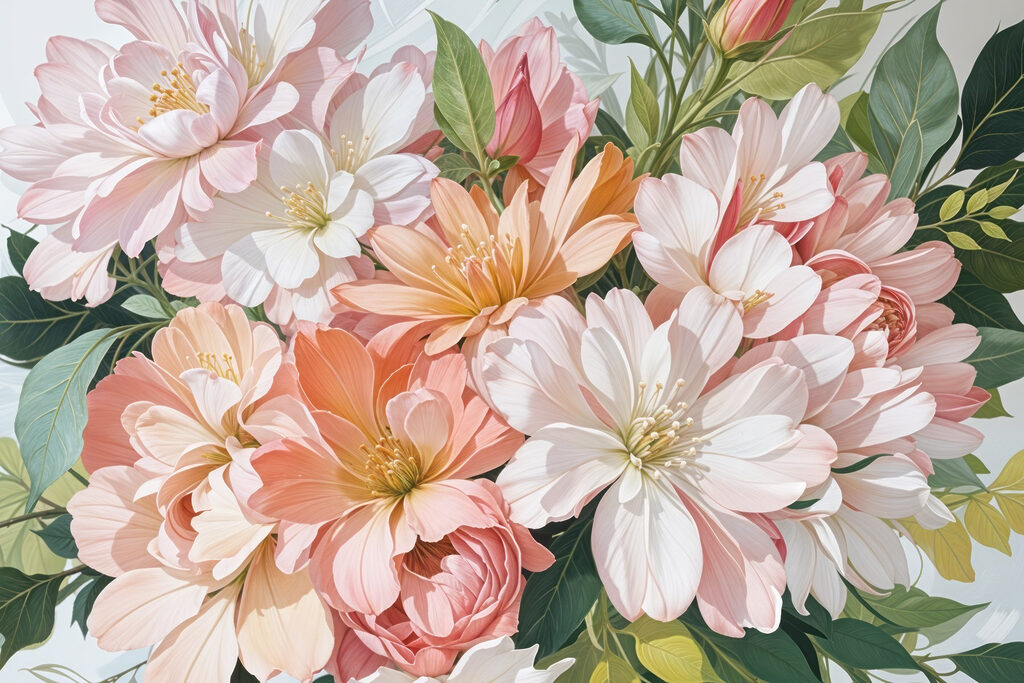 Flori pastel printre frunze — design complet
