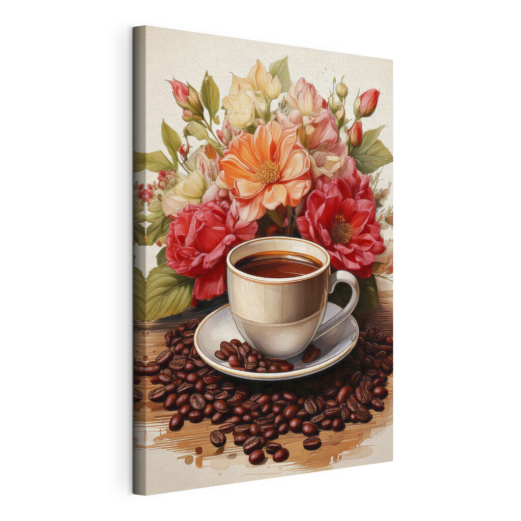 Cafea între trandafiri, tablou pe pânză întinsă, cu margine continuă
