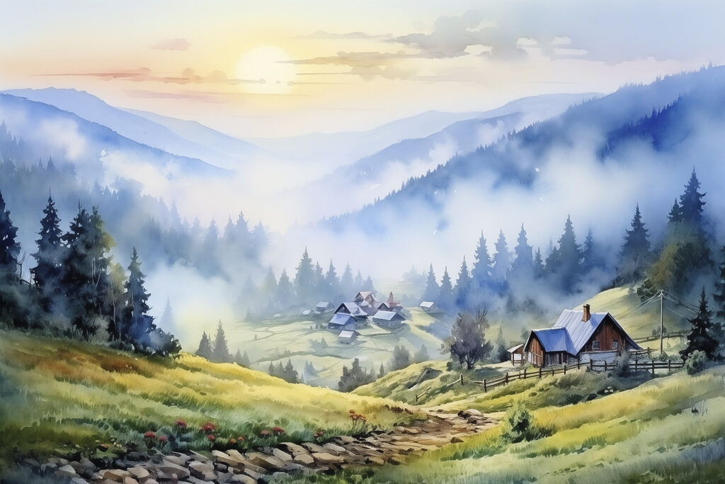 Cabane peste ceață albastră — design complet