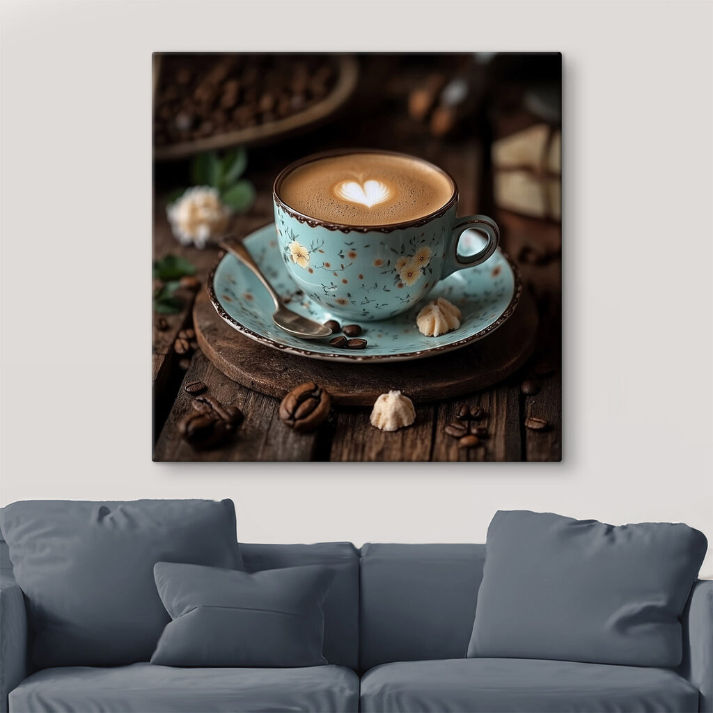 Cappuccino cu inimă într-un interior