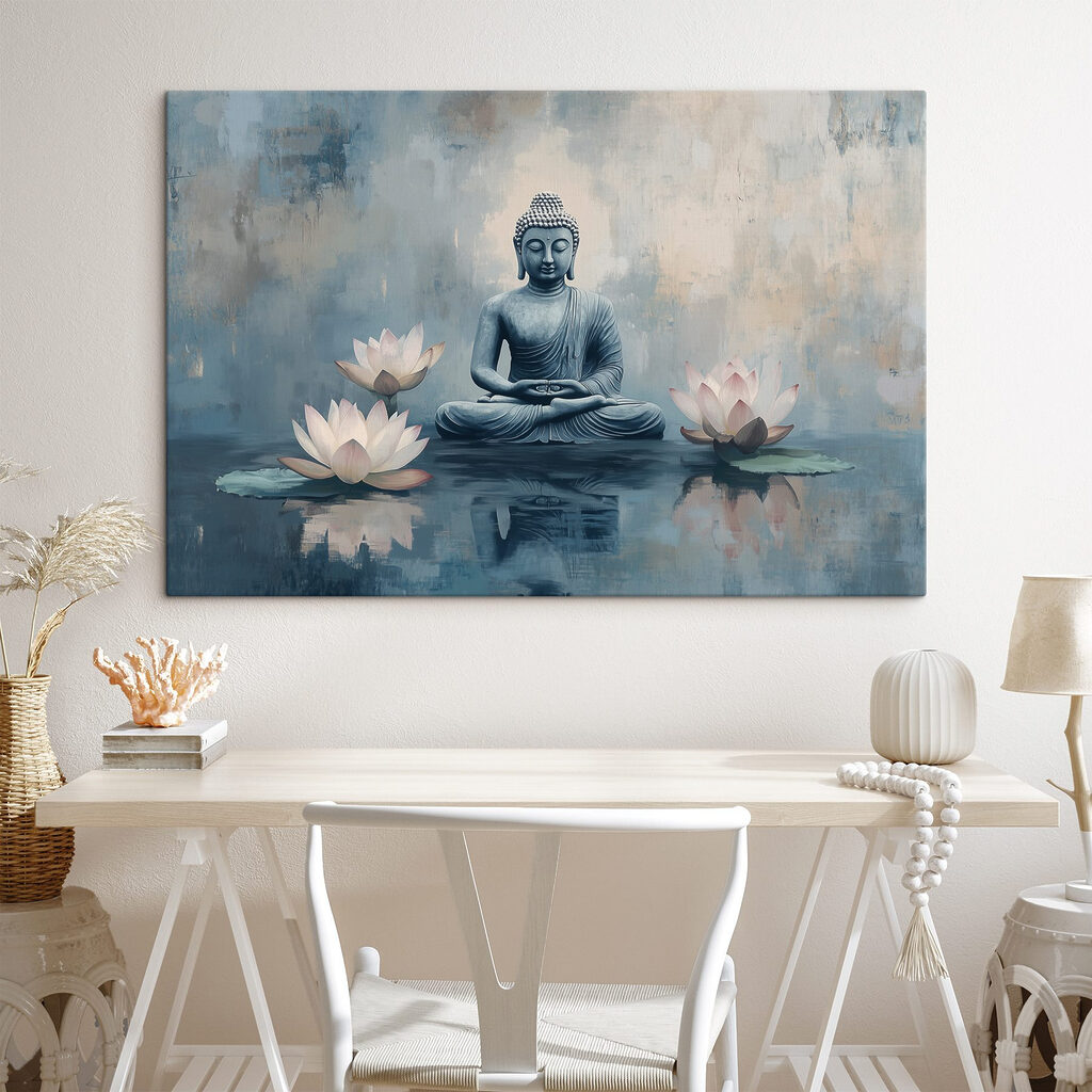 Buddha între trei lotuși într-un interior