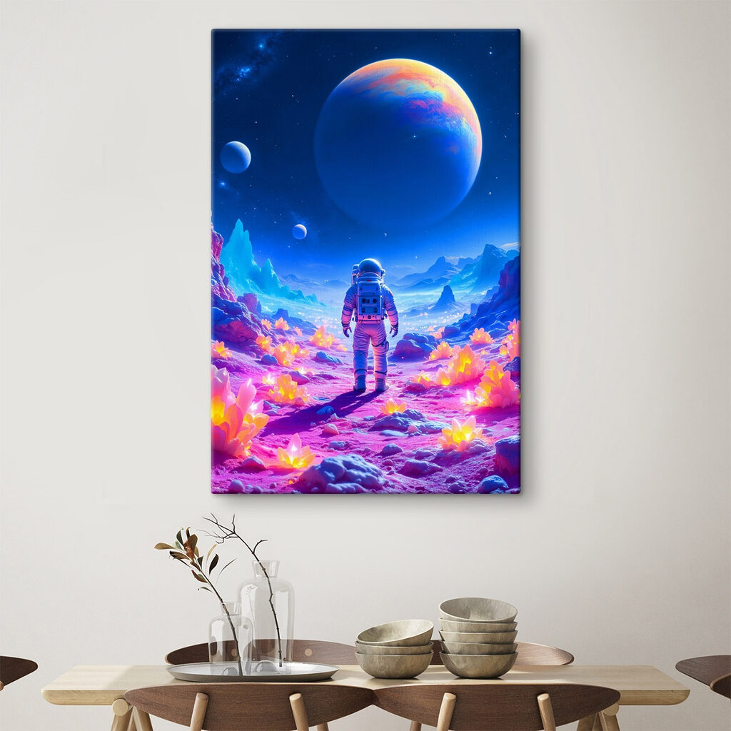 Astronaut în munți colorați într-un interior