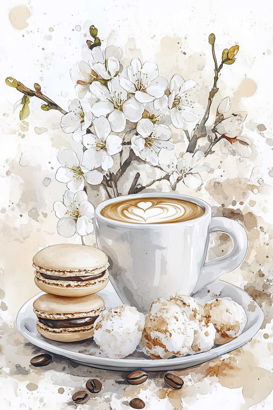 Cappuccino și flori albe — design complet
