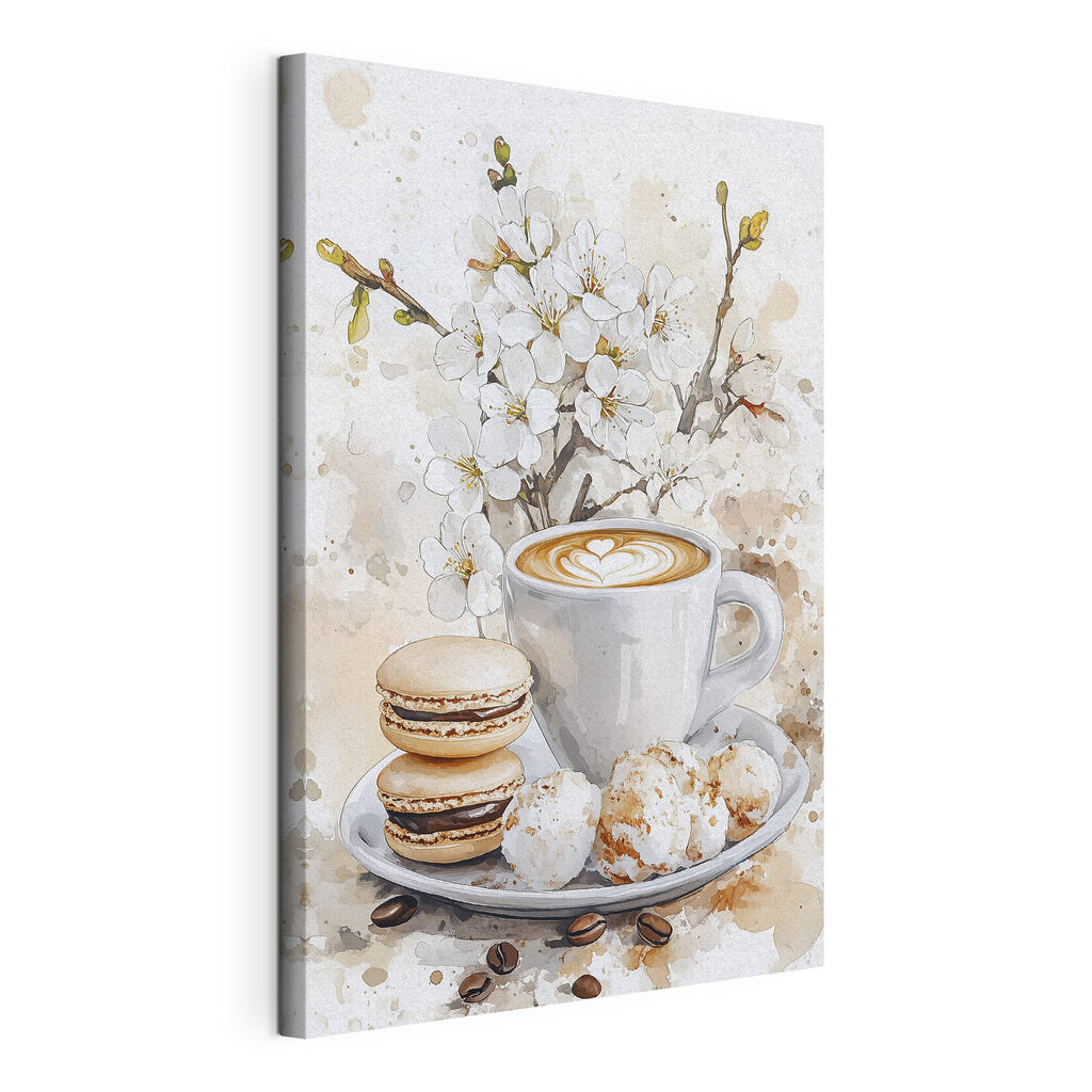 Cappuccino și flori albe, tablou pe pânză întinsă, cu margine continuă