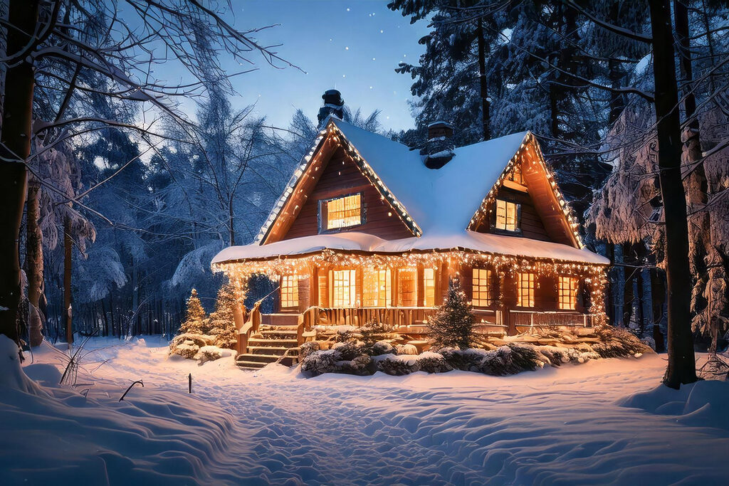 Casă de iarnă nocturnă — design complet