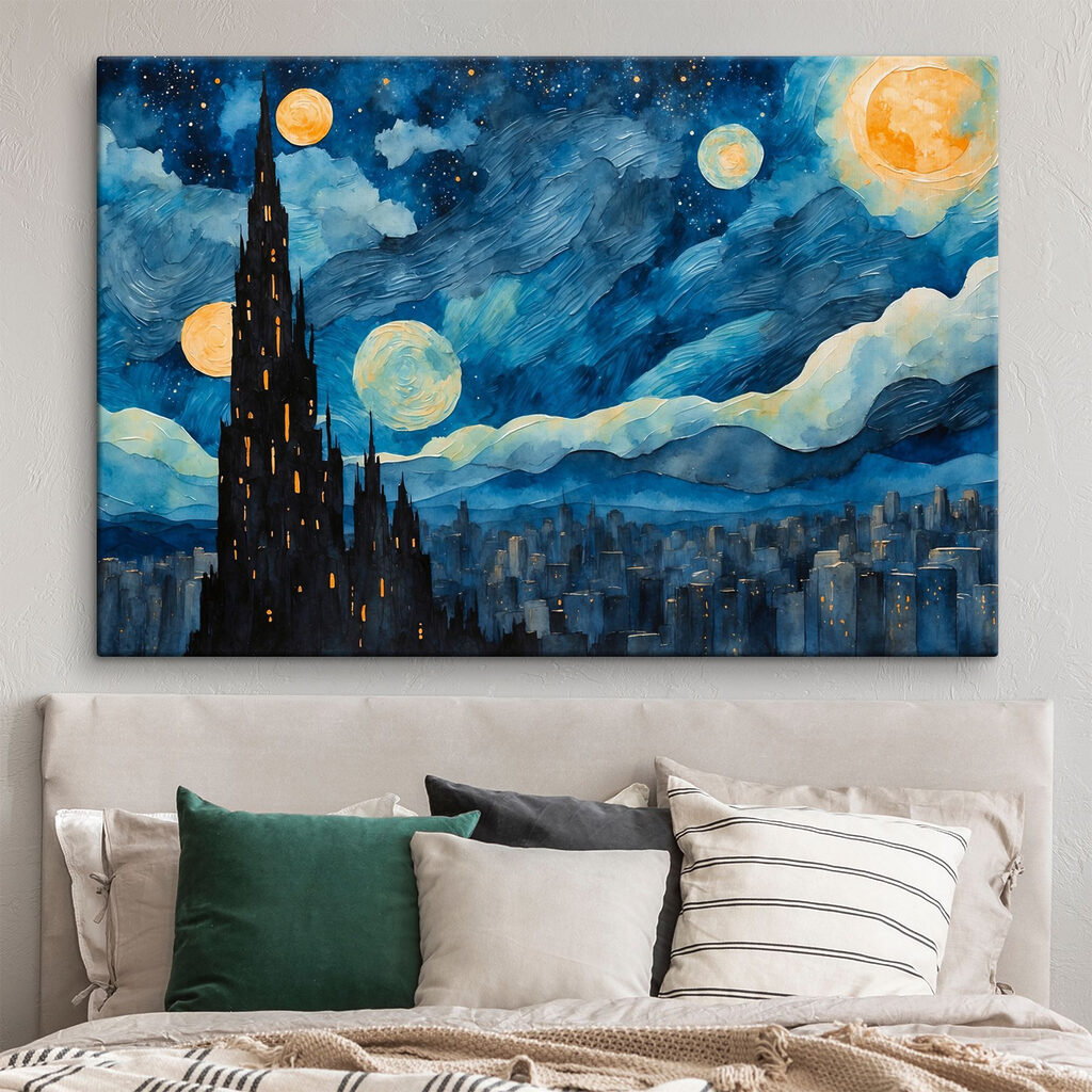 Turn luminat sub lune într-un interior