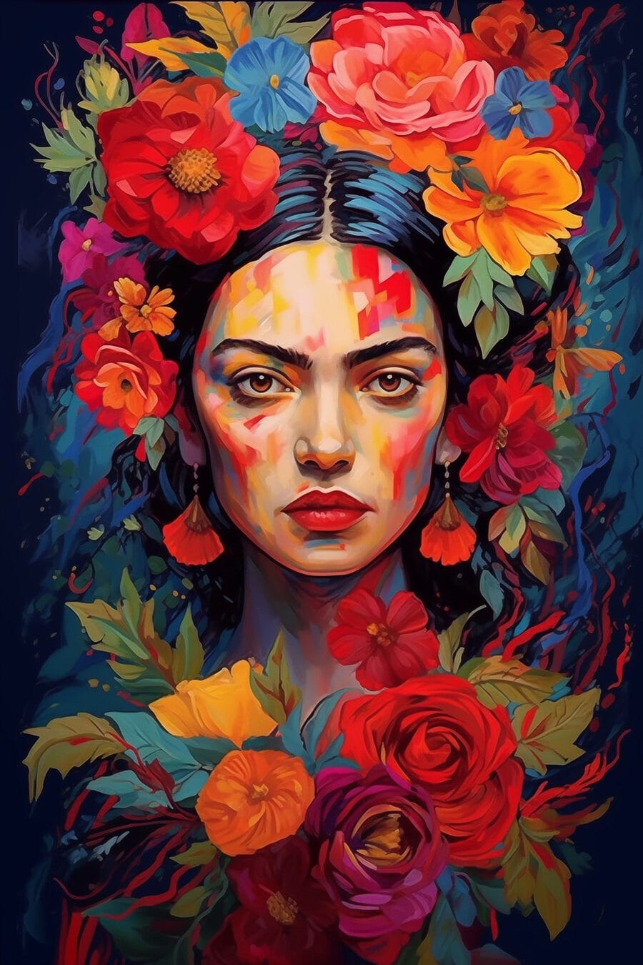 Frida printre flori aprinse — design complet