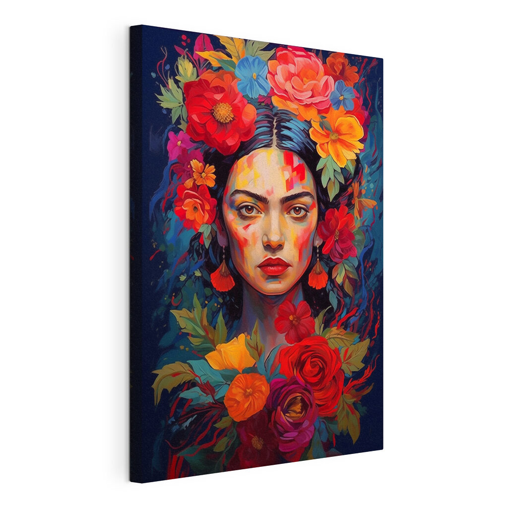 Frida printre flori aprinse, tablou pe pânză întinsă, cu margine continuă