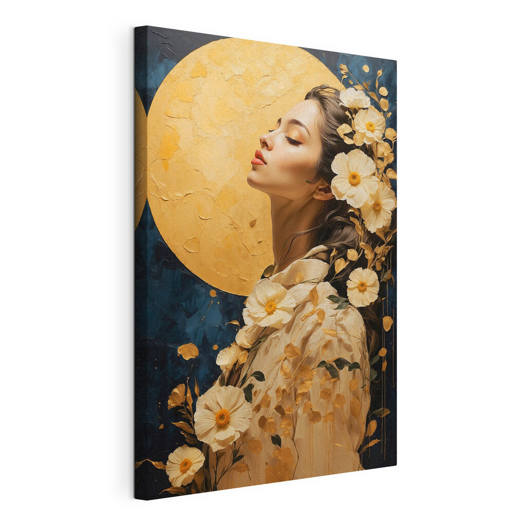 Femeie florală, lună plină, tablou pe pânză întinsă, cu margine continuă