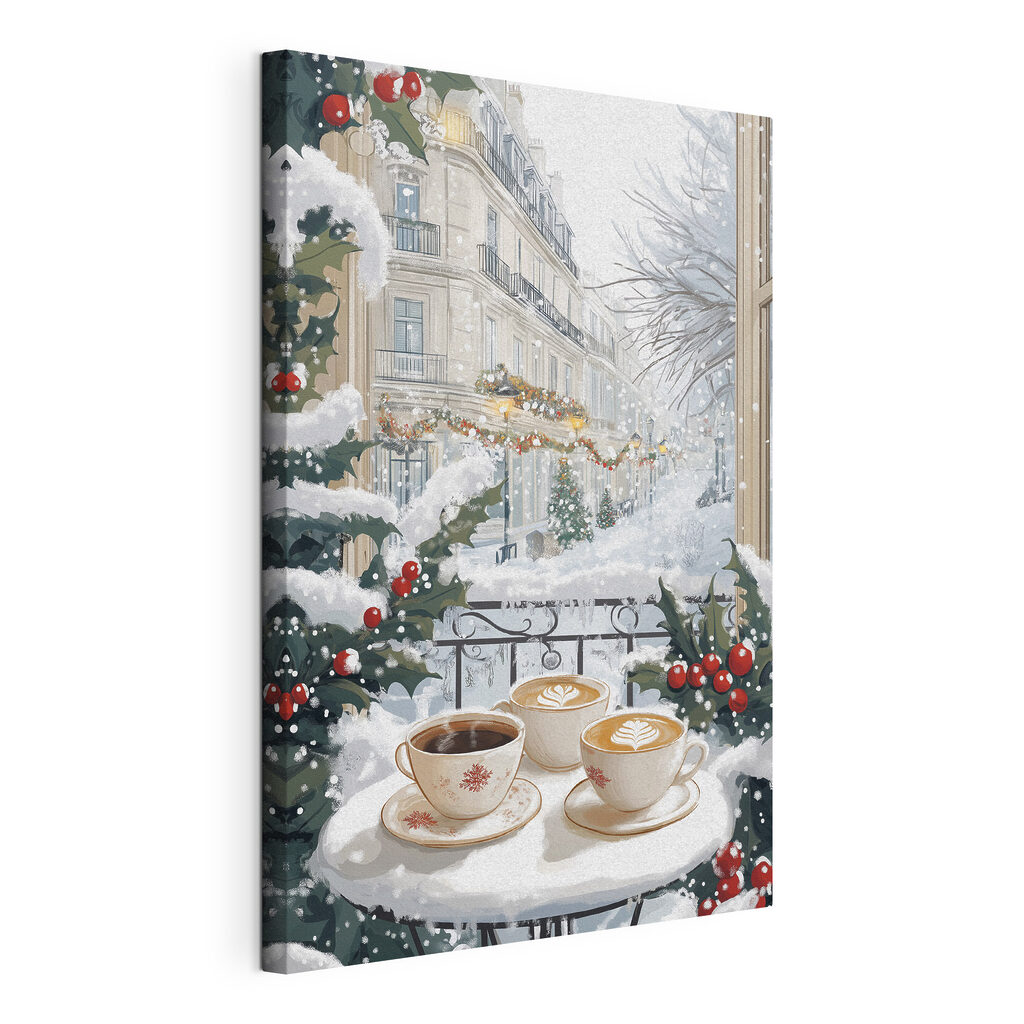 Cafea în zăpadă, tablou pe pânză întinsă, cu margine continuă