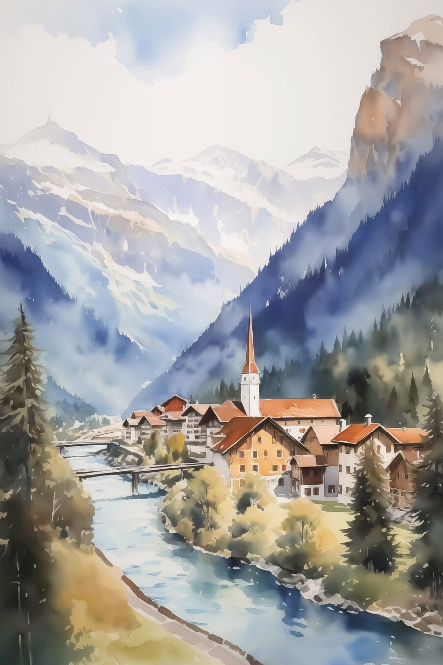 Sat alpin lângă râu — design complet