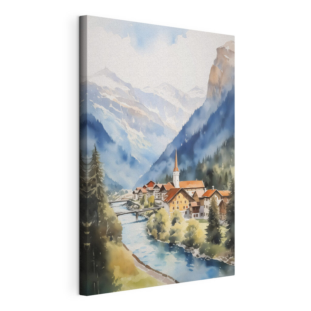 Sat alpin lângă râu, tablou pe pânză întinsă, cu margine continuă