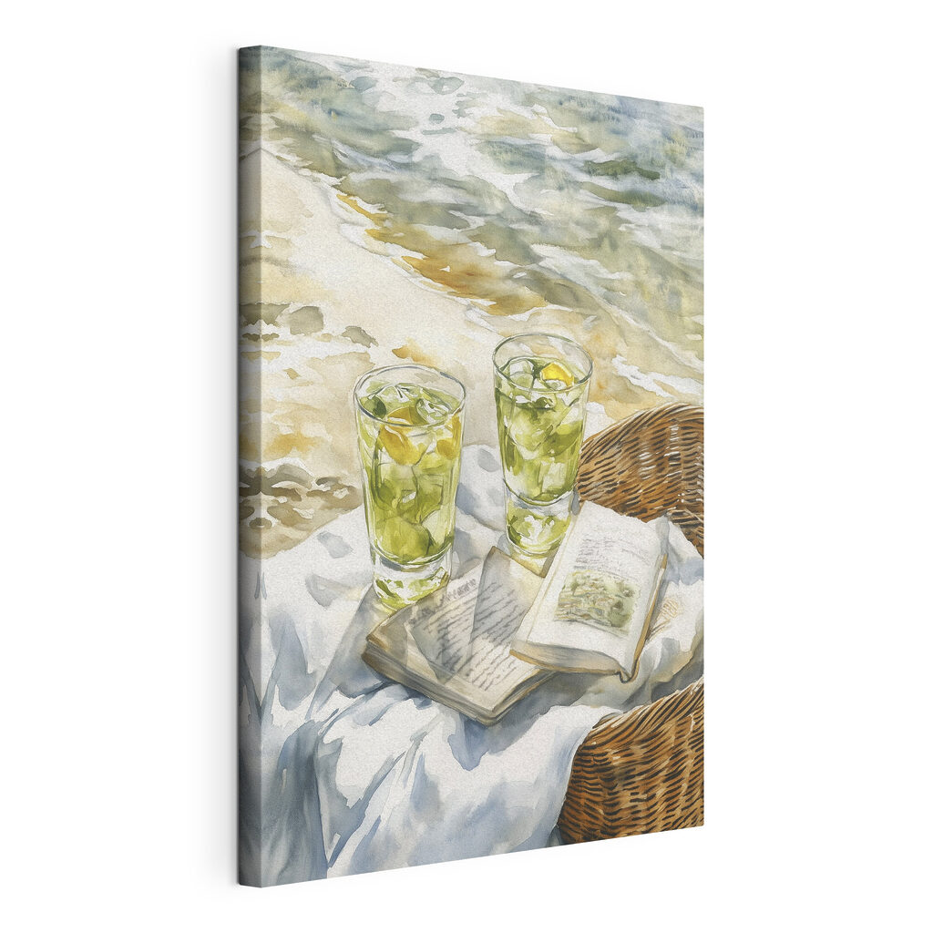 Limonadă lângă o carte, tablou pe pânză întinsă, cu margine continuă