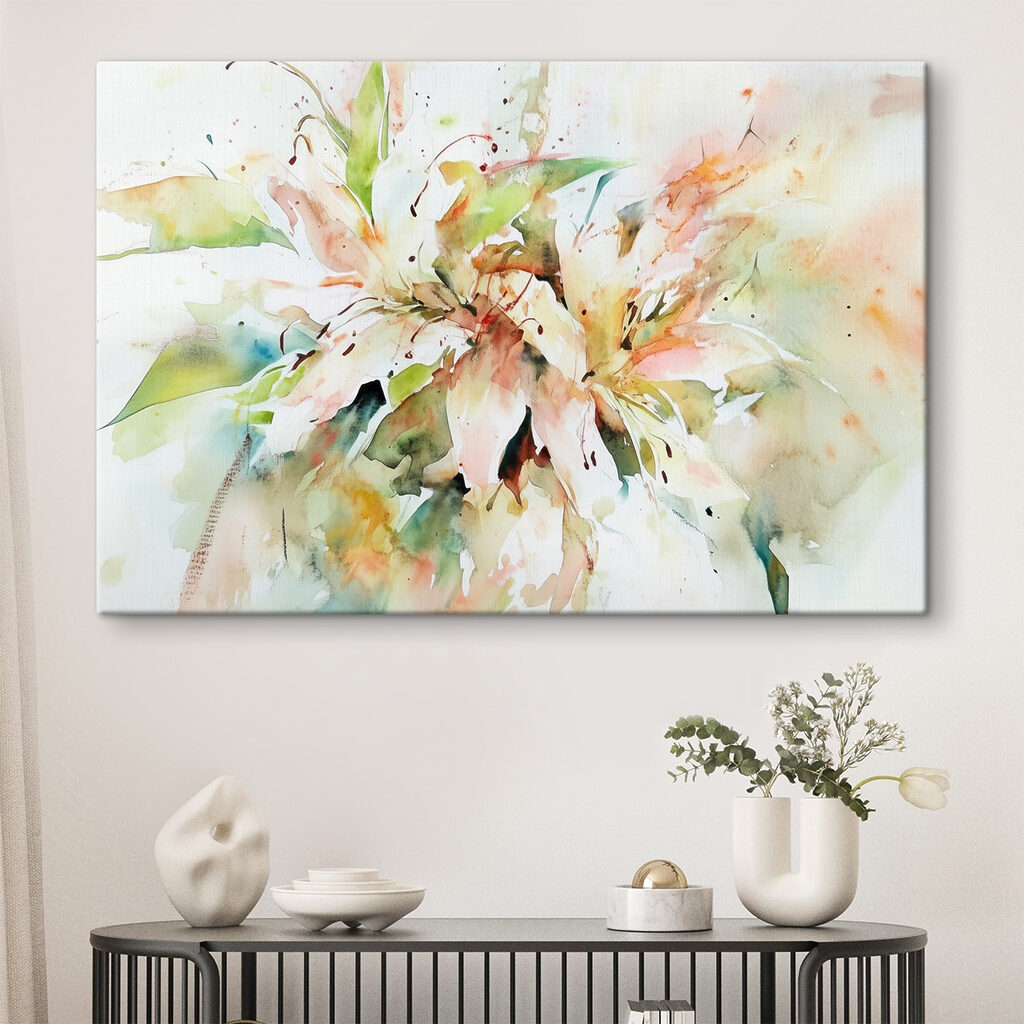 Forme florale, acuarelă proaspătă într-un interior