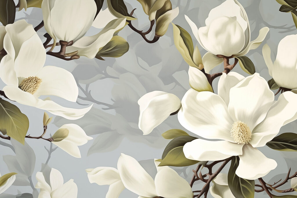 Magnolii albe printre frunze — design complet