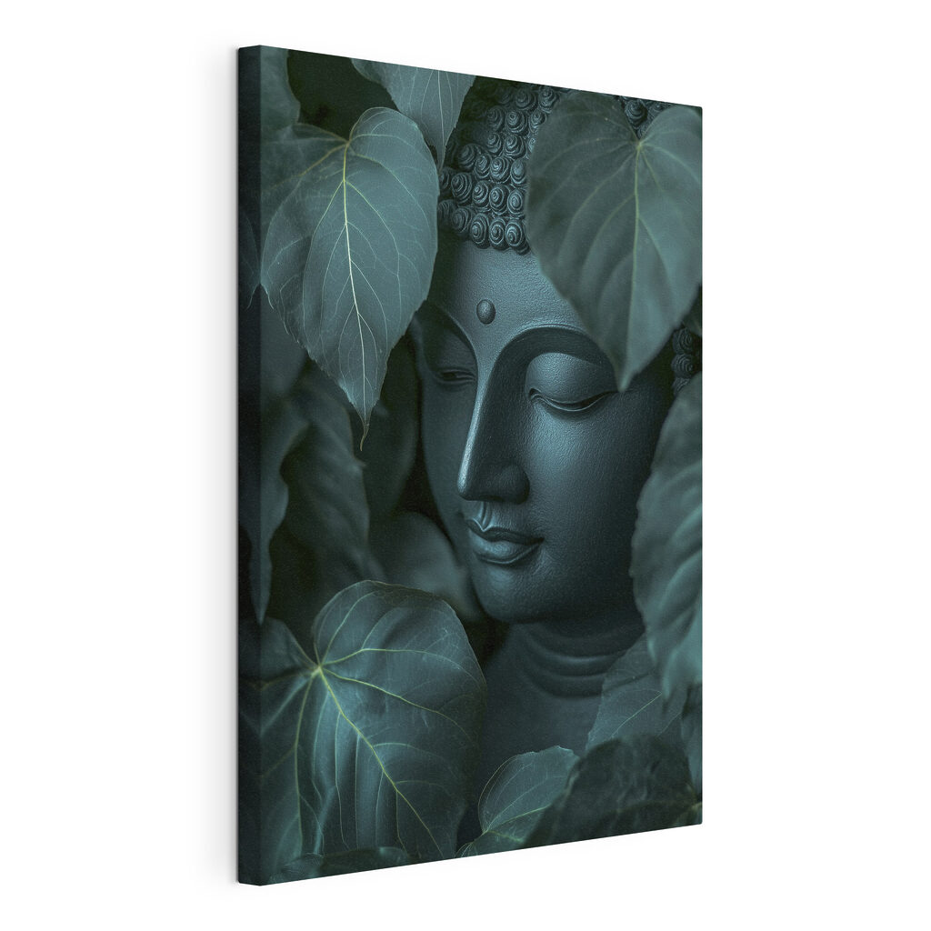 Buddha printre frunze, tablou pe pânză întinsă, cu margine continuă