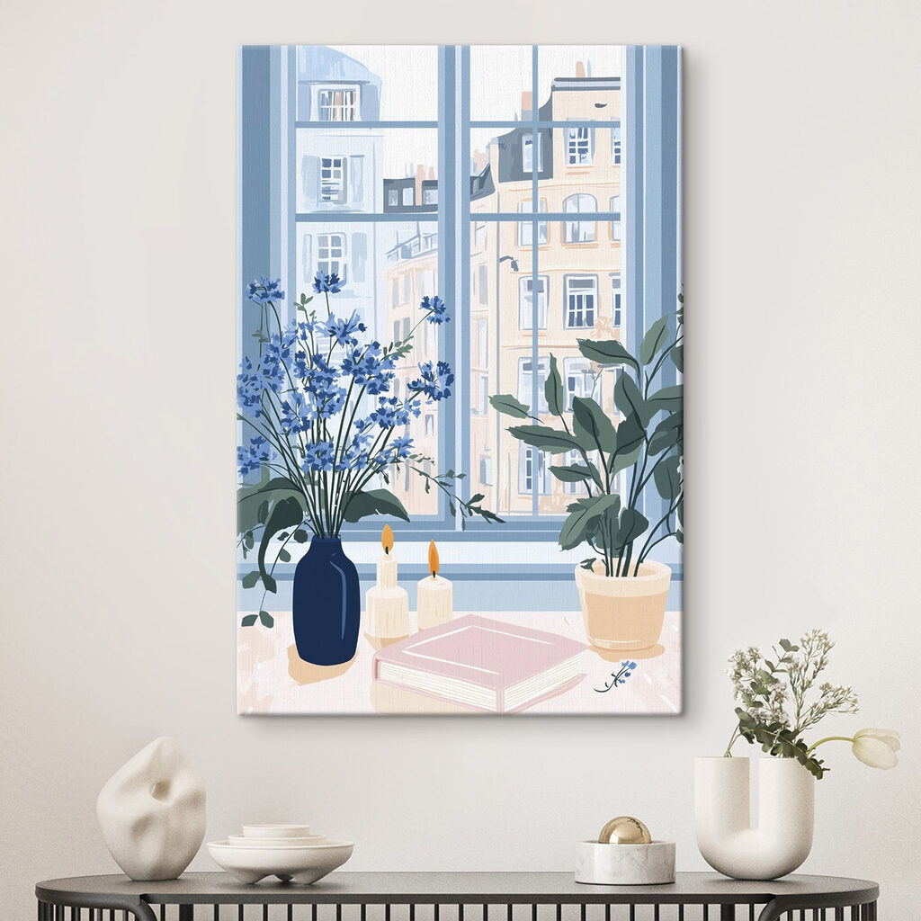 Flori albastre la fereastră — interior 1