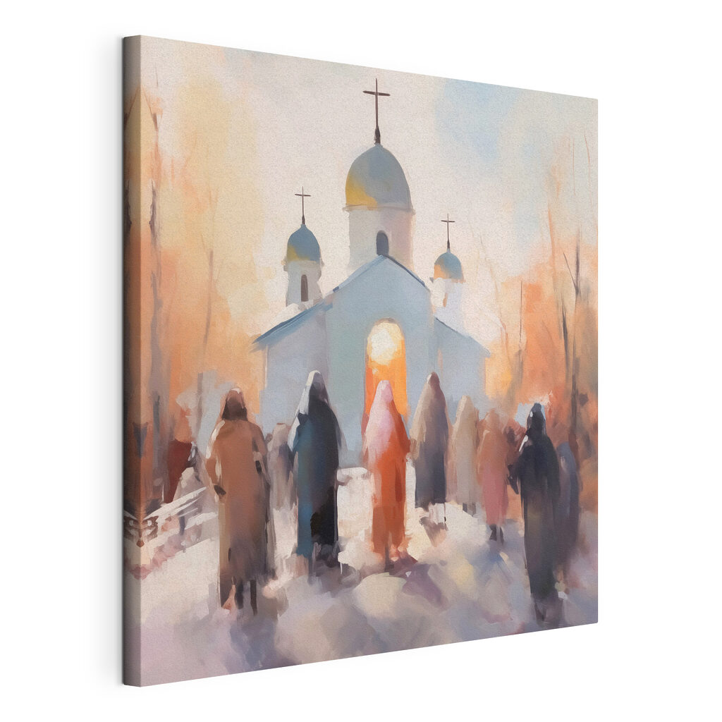 Spre biserica cu cupole, tablou pe pânză întinsă, cu margine continuă