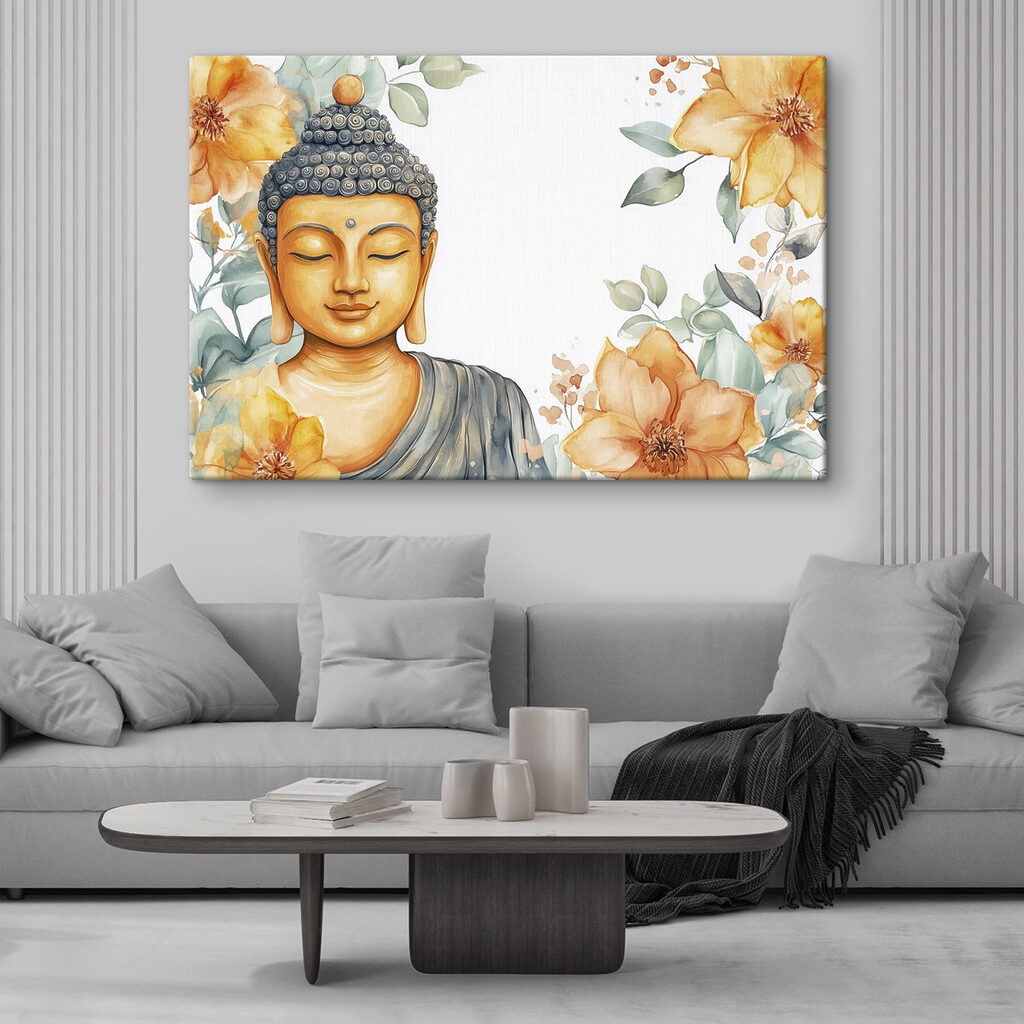 Buddha între flori portocalii într-un interior