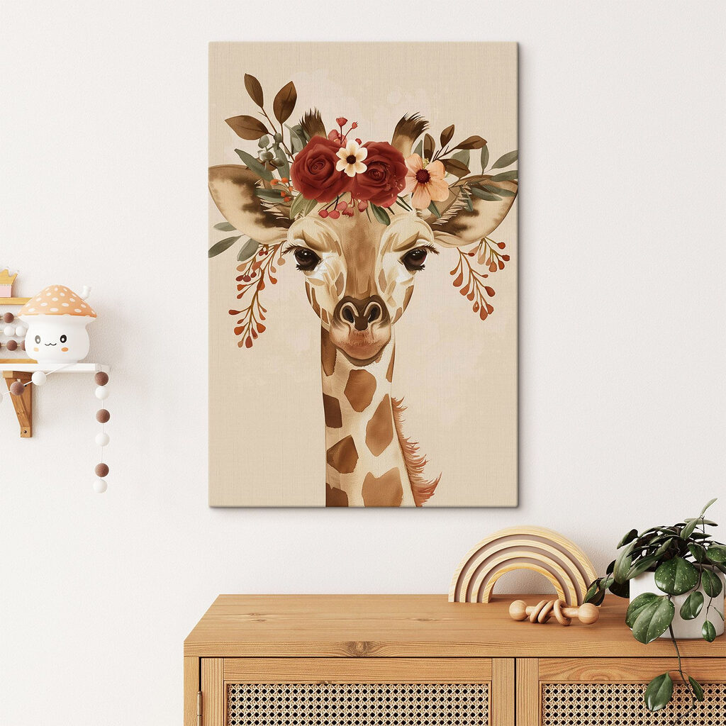 Girafă cu cunună ruginie într-un interior