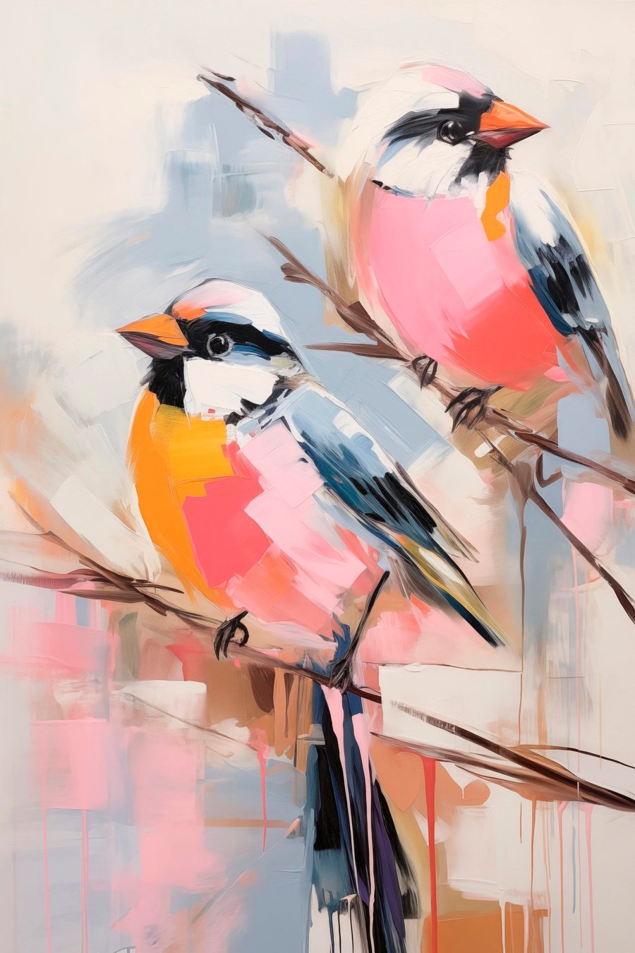Păsări colorate, fundal pastel — design complet