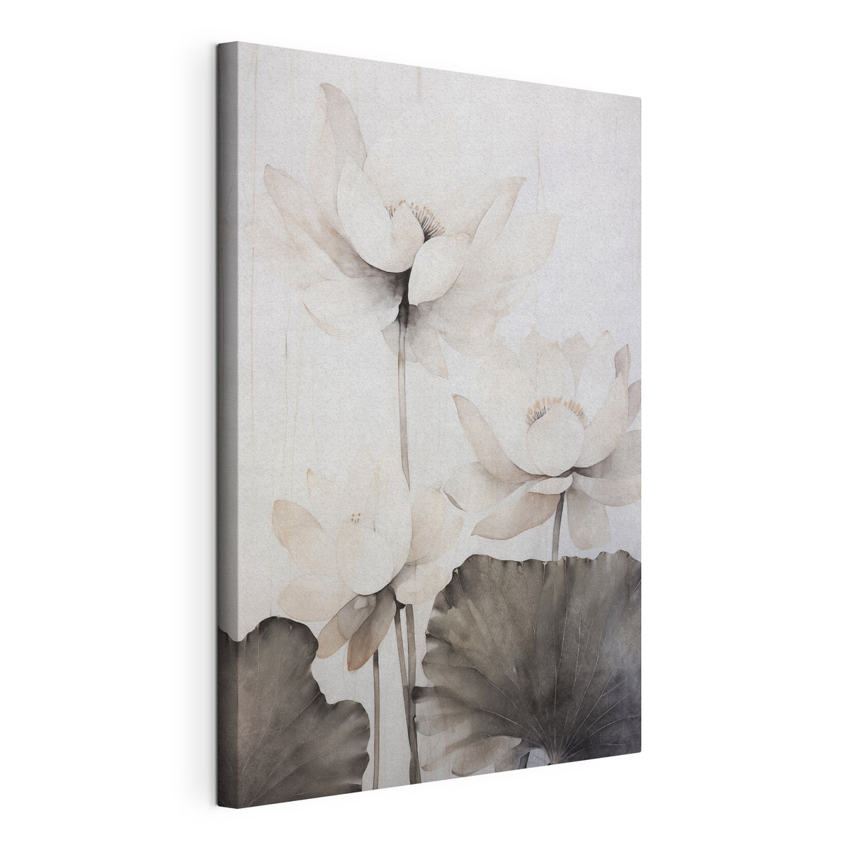Lotus minimalist, frunze texturate, tablou pe pânză întinsă, cu margine continuă