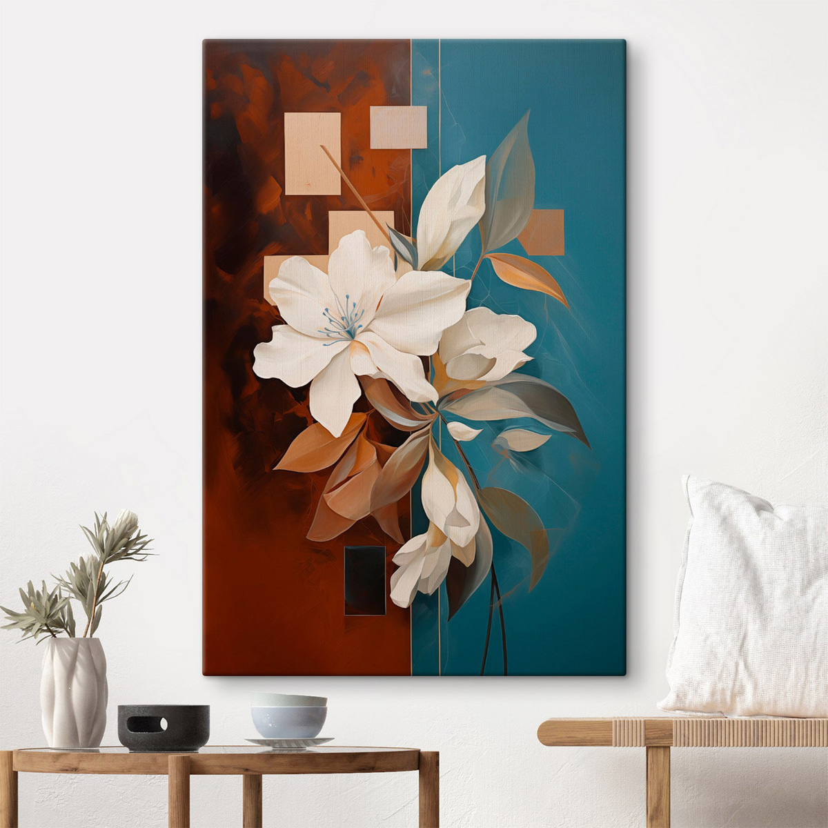 Flori albe, fundal brun — interior 2