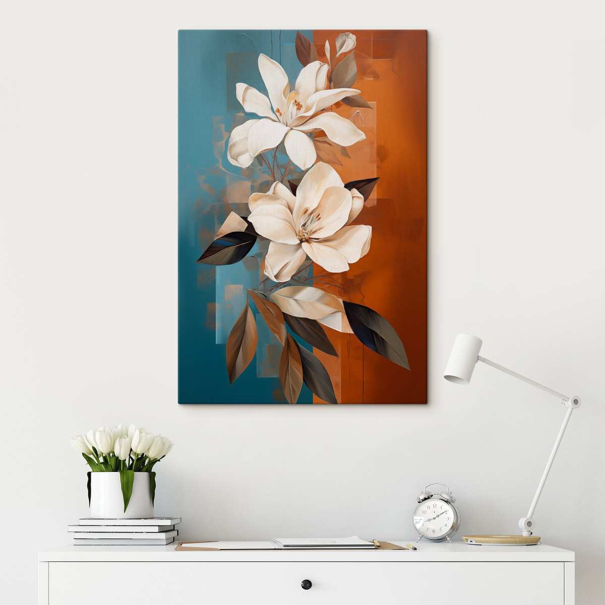 Flori albe, fundal brun — interior 2