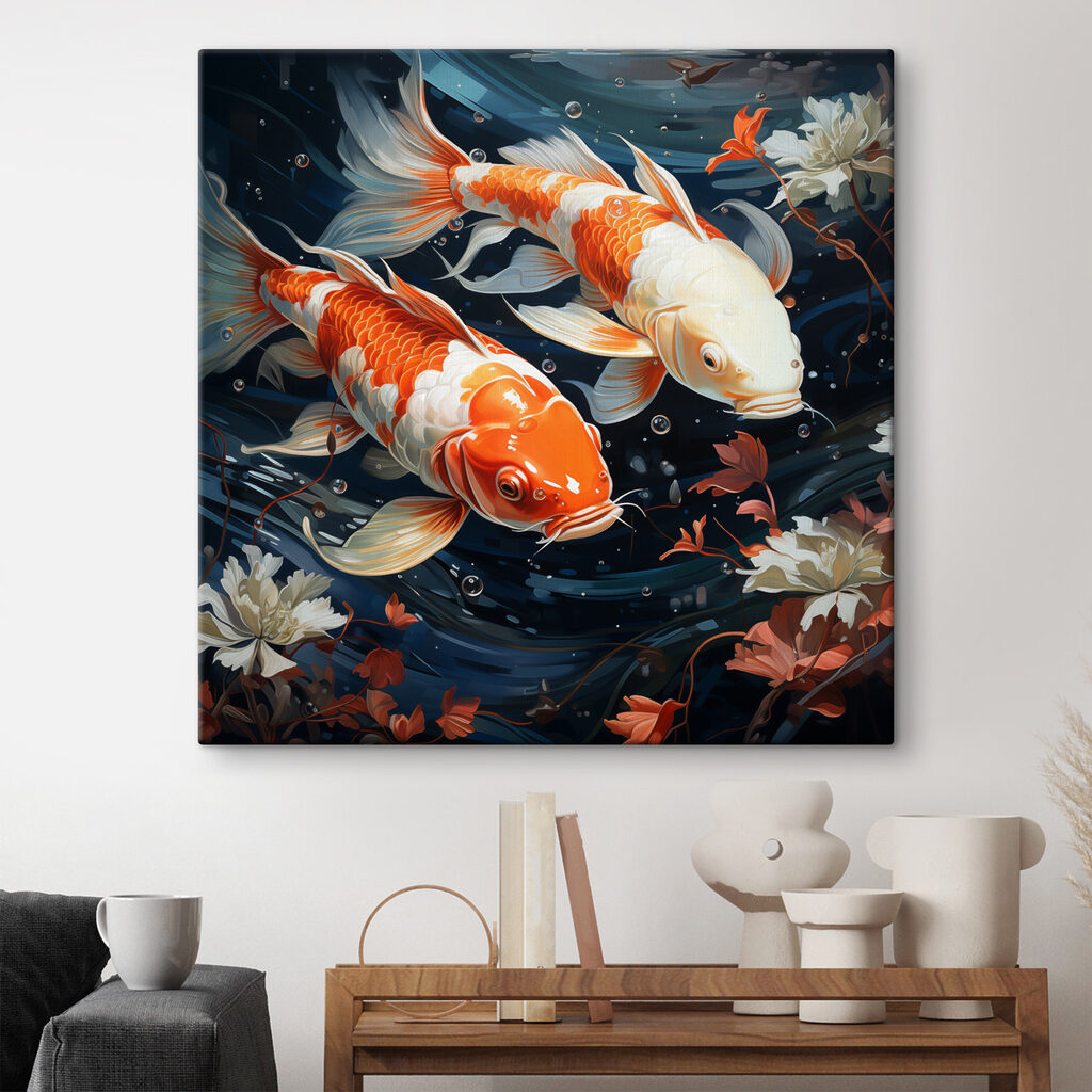 Koi printre flori albe într-un interior