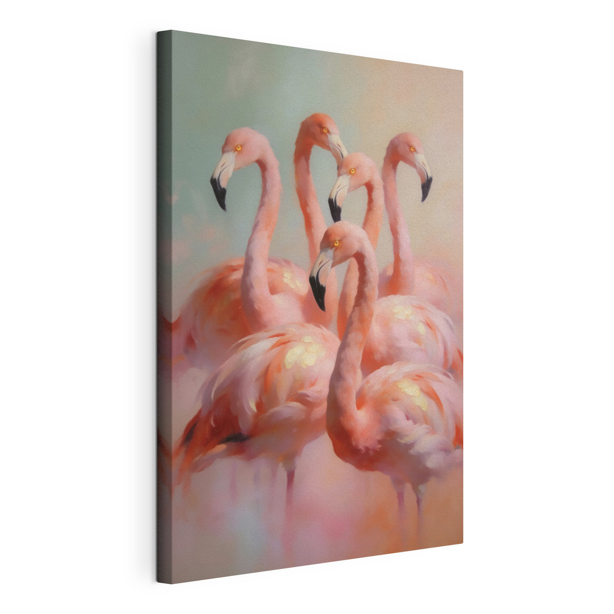 Flamingi în tonuri pastelate, tablou pe pânză întinsă, cu margine continuă