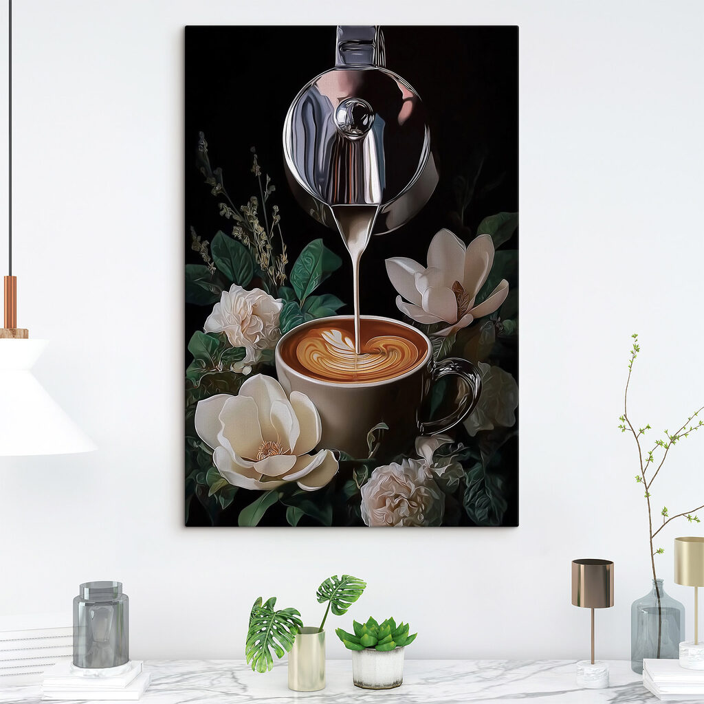 Cafea printre flori într-un interior