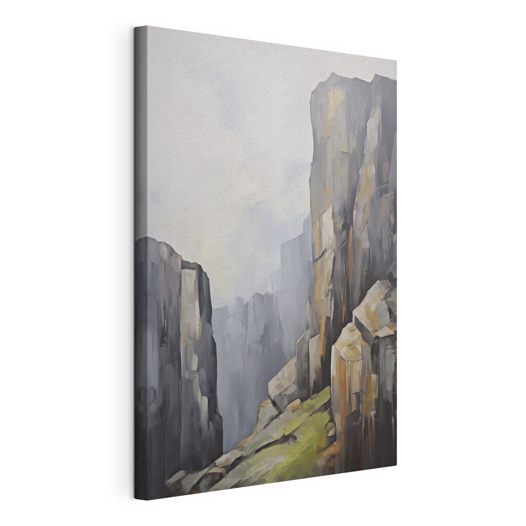 Stânci înalte în ceață, tablou pe pânză întinsă, cu margine continuă