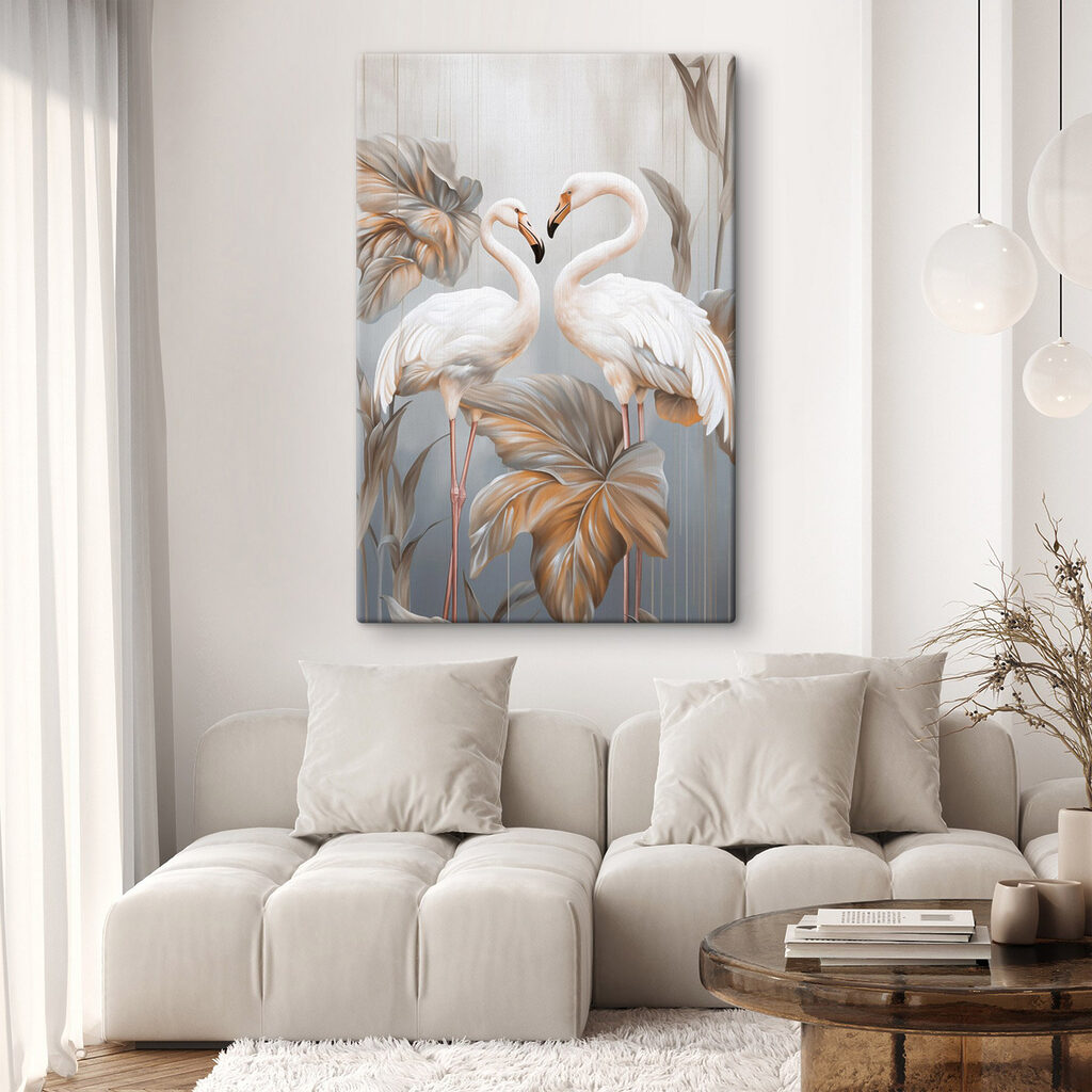 Flamingi albi printre frunze — interior 1