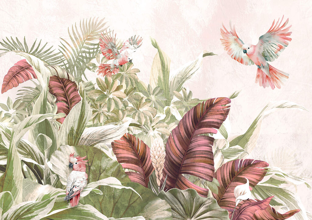 Papagali printre flori — design complet