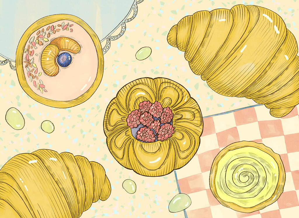 Croissante între prăjituri colorate — design complet