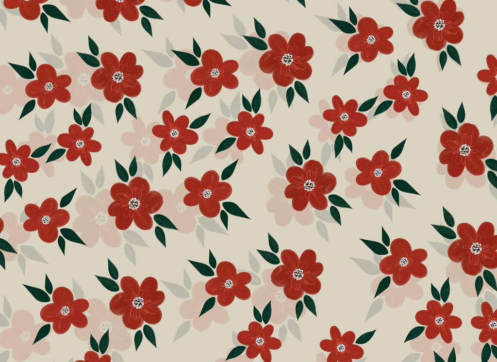 Flori roșii printre frunze — design complet
