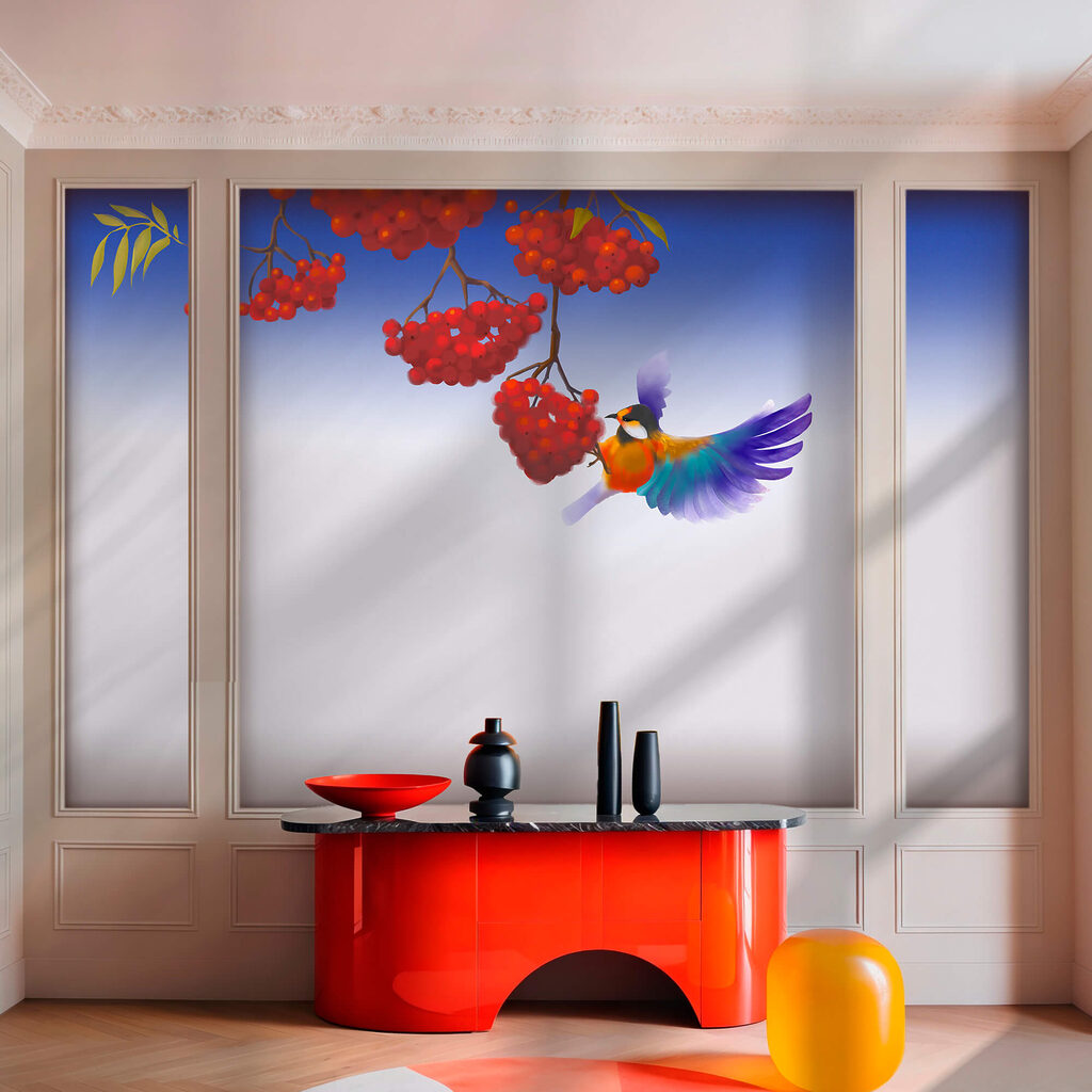 Pasăre colorată lângă boabe — interior 1