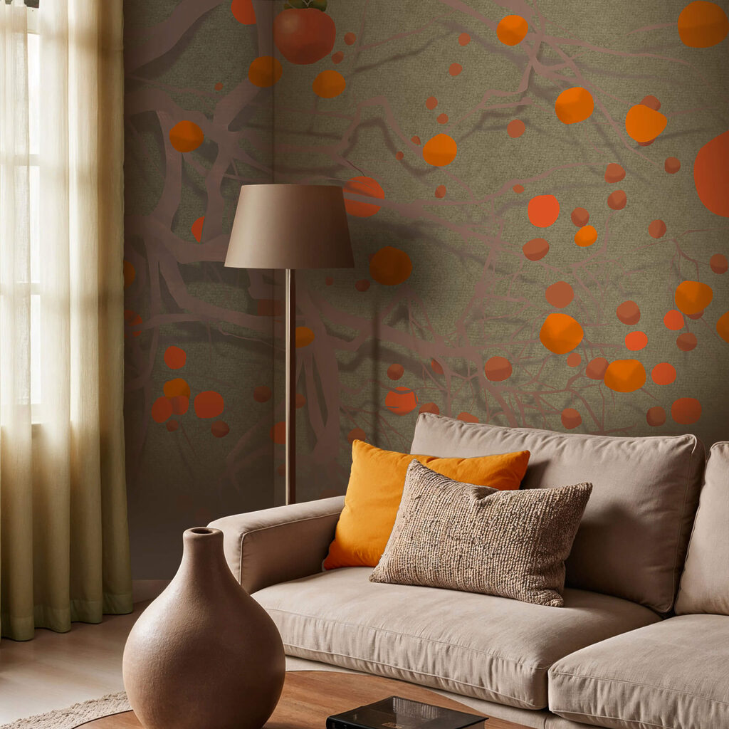 Fructe portocalii printre lujeri — interior 1