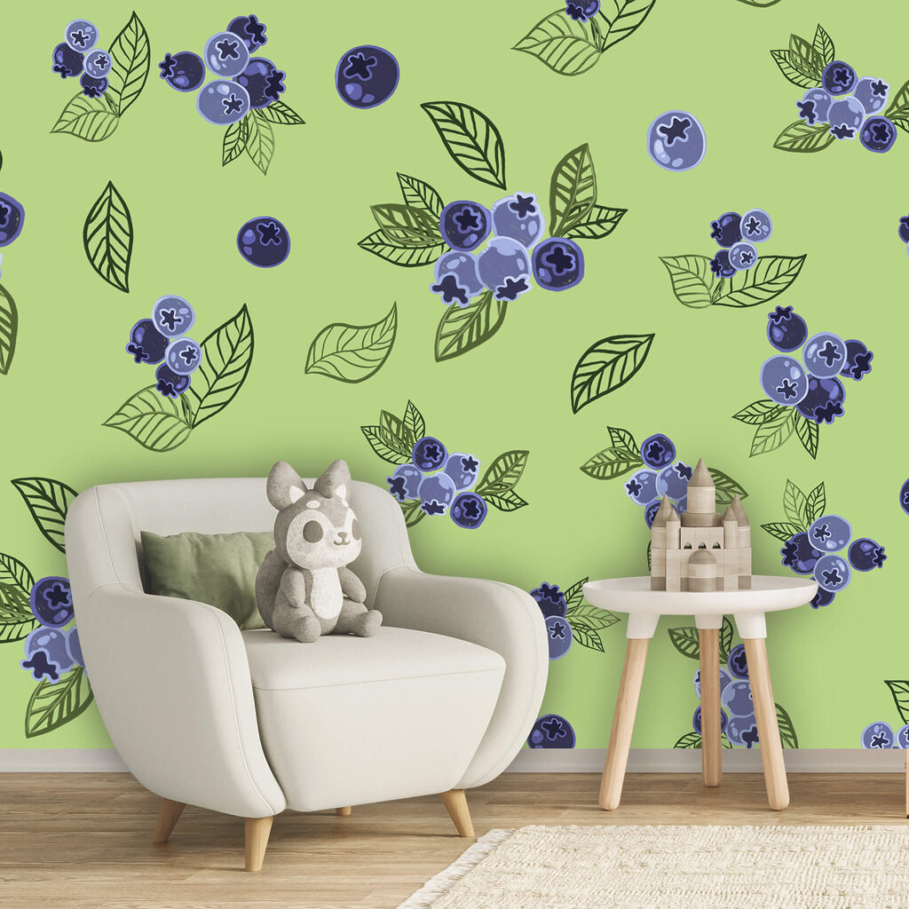 Boabe albastre pe verde — interior 1